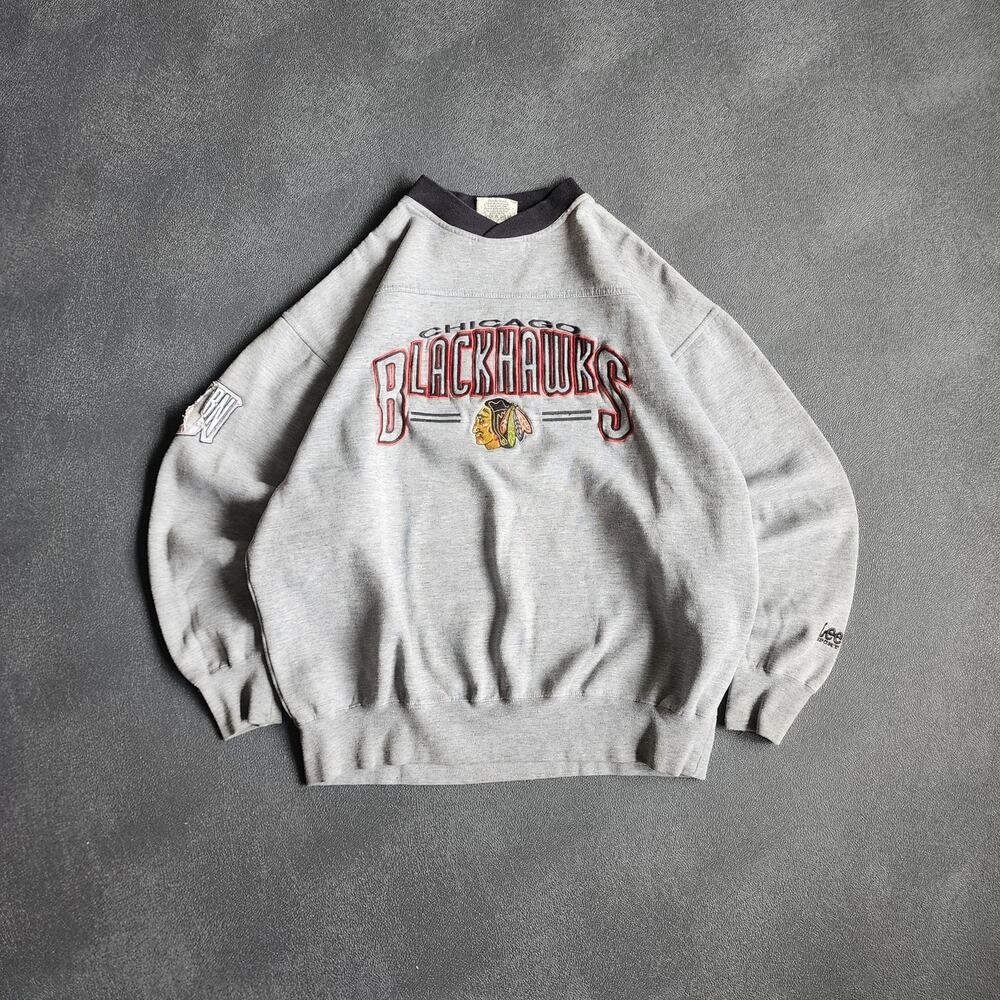 Vintage 90's Chicago Blackhawks Lee Grey Embroidered Sweatshirt Large